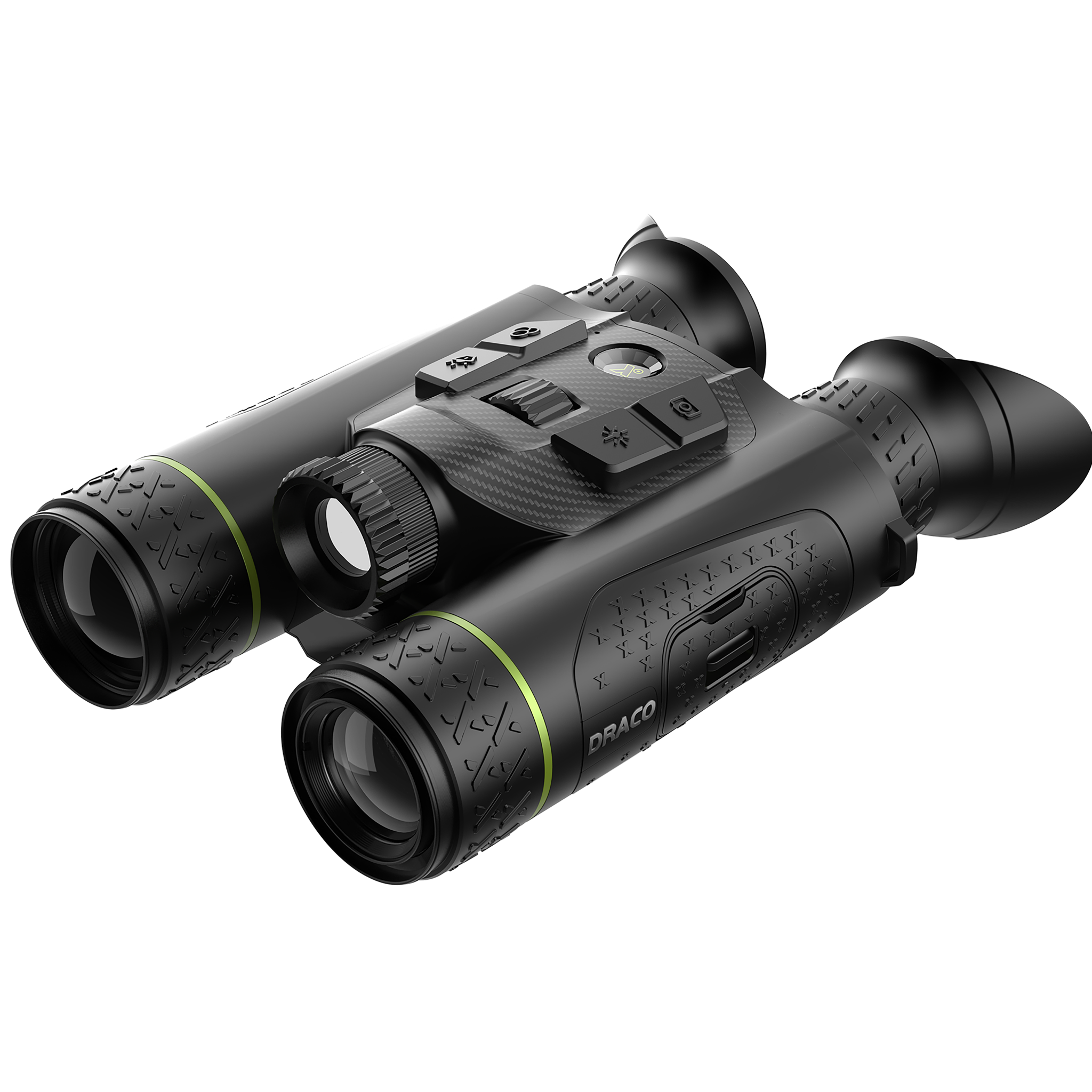 Front-right view of the Pixfra Draco D225 Multispectral Thermal Binoculars, showcasing the dual-lens system with distinctive green rings around the 25mm thermal and 55mm digital night vision lenses, set against the rugged black magnesium alloy housing.