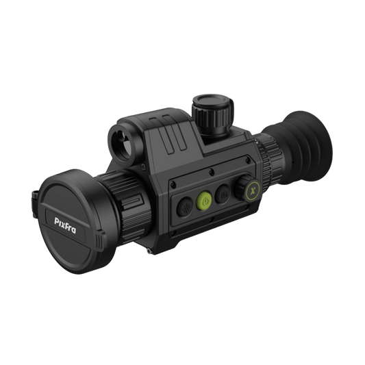 Front view of Pixfra Chiron C650 LRF thermal scope showing the 50mm F1.0 manual focus lens and integrated 1000m laser rangefinder module