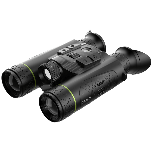 Front-right view of Pixfra Draco D635-4K Multispectral Binoculars showcasing the large 35mm F1.0 thermal lens and 4K digital objective lens with green identification rings.
