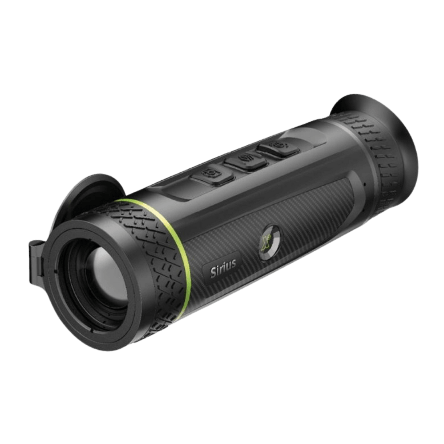 Front Right view of the Pixfra Sirius S635 Thermal Monocular showing the 35mm objective lens and rugged housing designed for outdoor thermal observation.