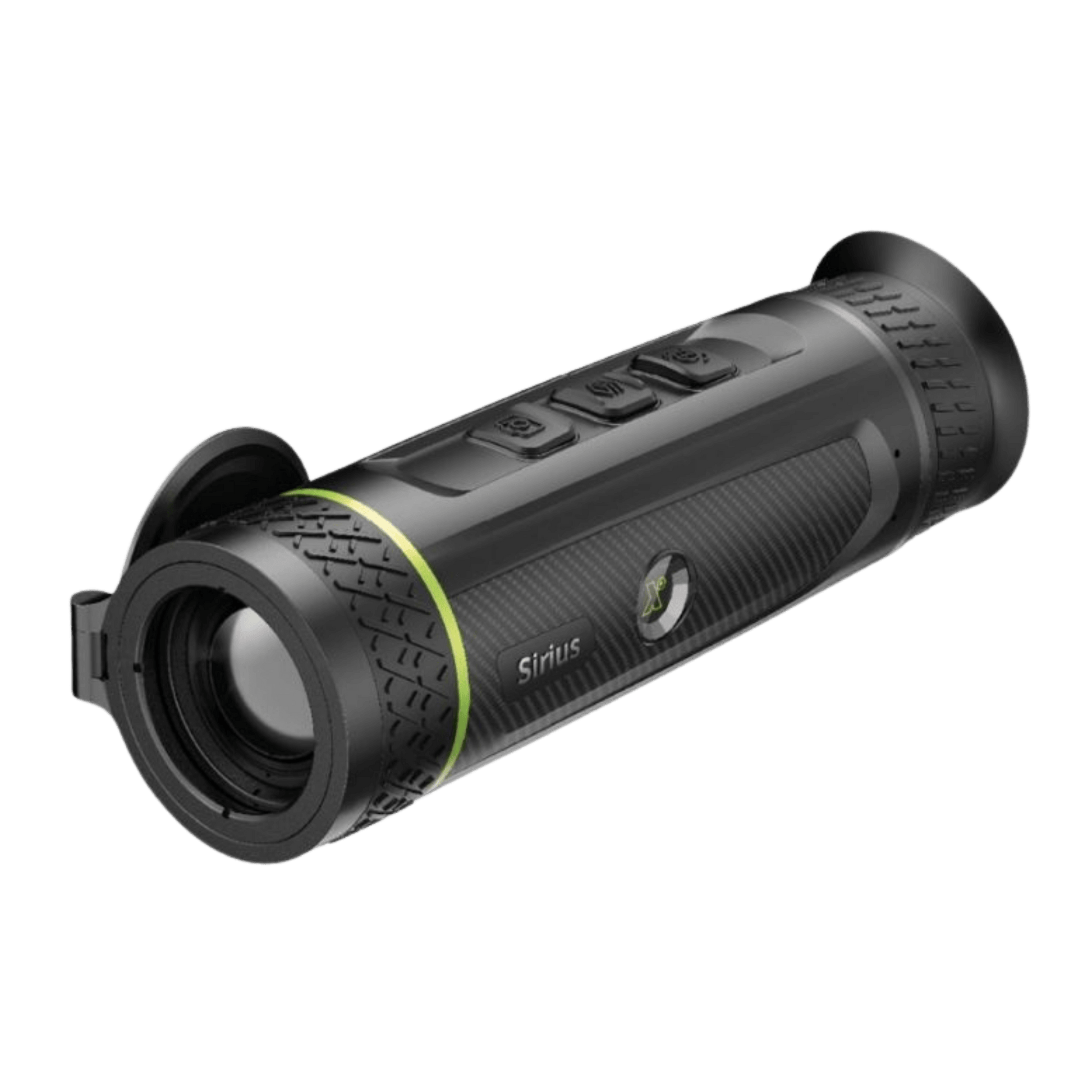 Front Right view of the Pixfra Sirius S635 Thermal Monocular showing the 35mm objective lens and rugged housing designed for outdoor thermal observation.