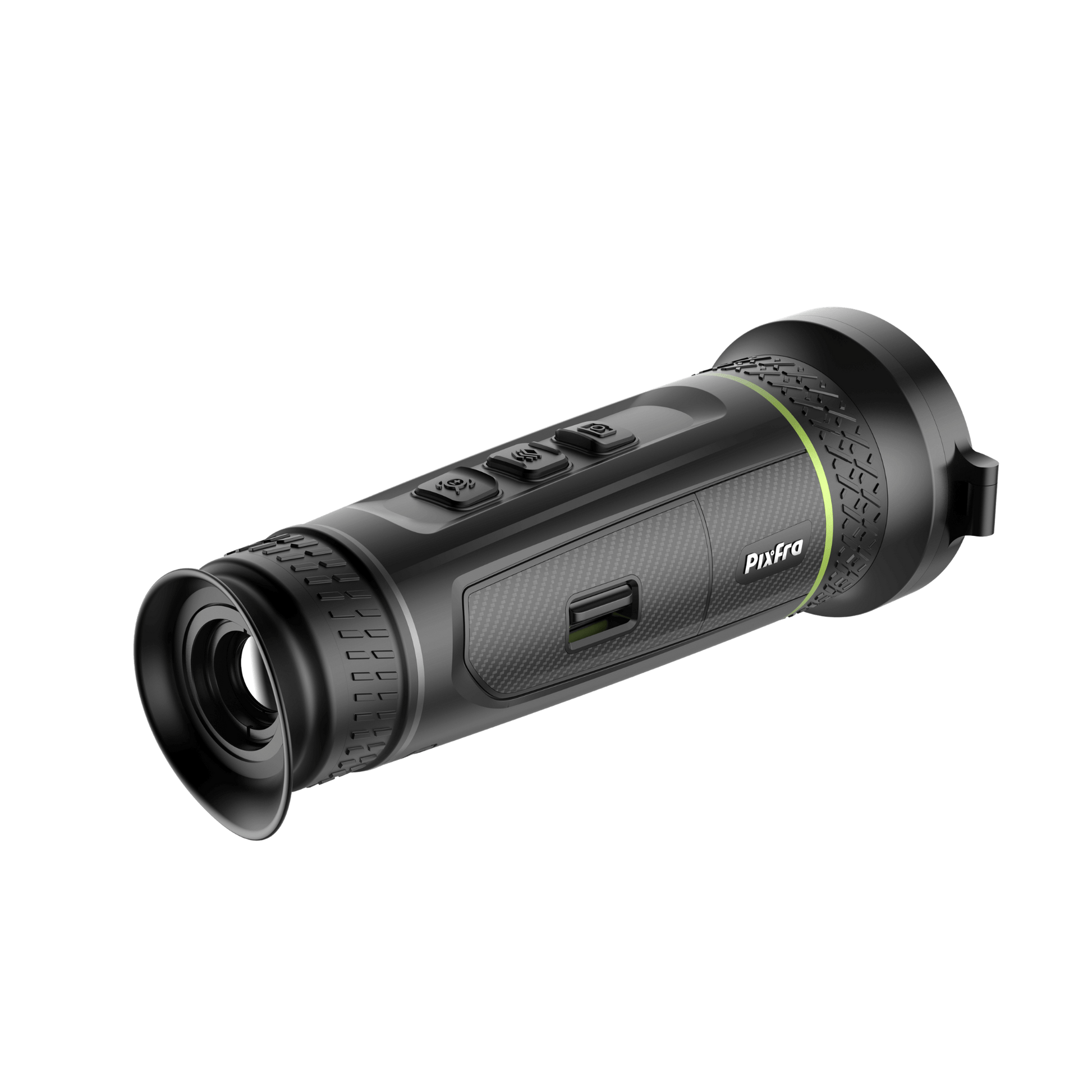  Pixfra Sirius S650 rear right view showing the eyepiece with OLED display visible, menu buttons on top, and the brand logo on the right side.