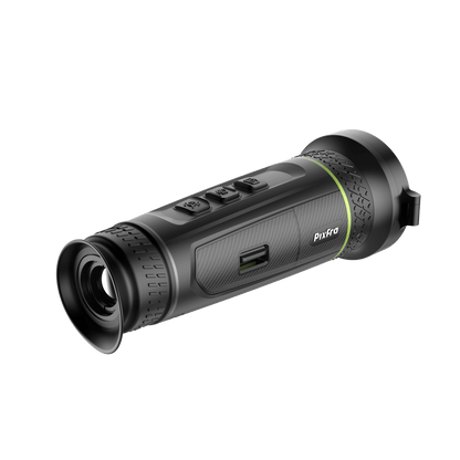  Pixfra Sirius S650 rear right view showing the eyepiece with OLED display visible, menu buttons on top, and the brand logo on the right side.