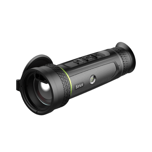 Pixfra Sirius S650 LRF thermal monocular front right view, displaying the cylindrical body and objective lens with an integrated laser rangefinder.