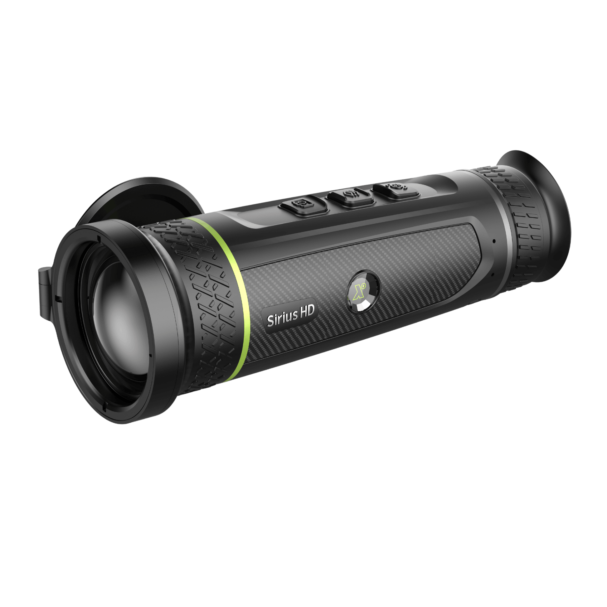 Pixfra Sirius SA50 HD Thermal Monocular viewed from the front-right, highlighting the 50mm objective lens and ergonomic control layout.