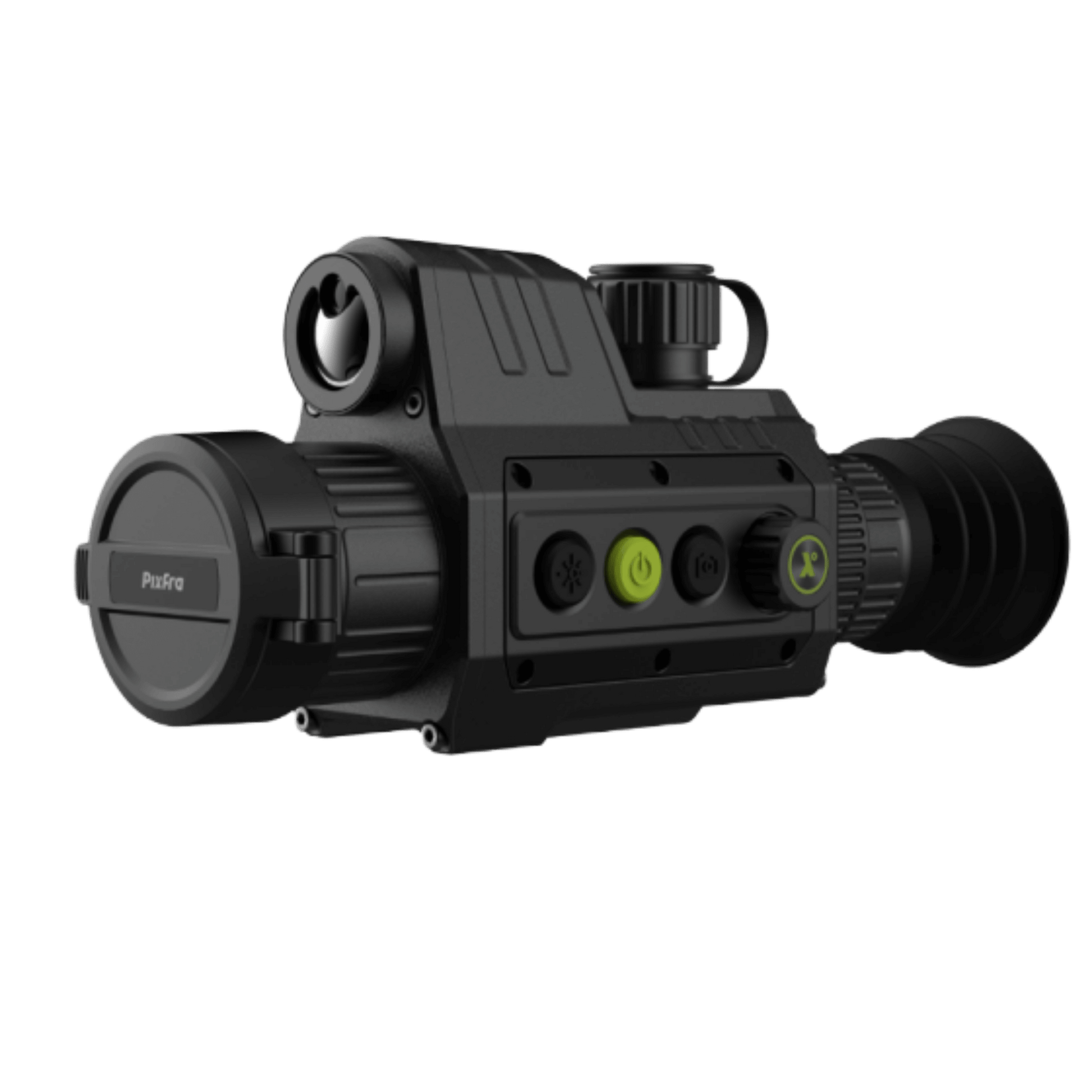 Pixfra Chiron C435 LRF front-right perspective view showing the rugged metal chassis with the lens cap secured over the 35mm objective lens, highlighting the ergonomic tactile menu buttons and the integrated 1,000m Laser Range Finder module.