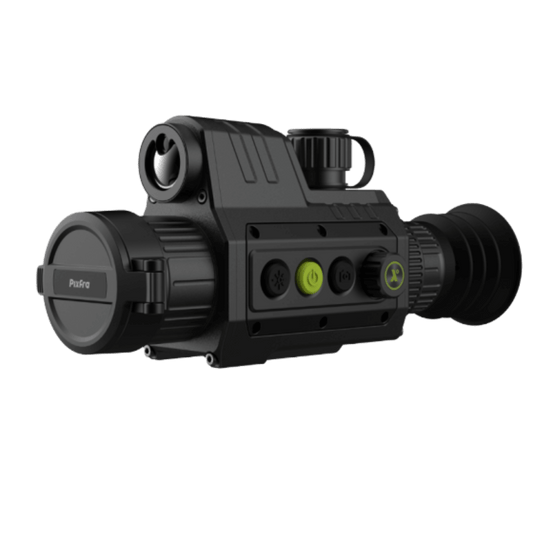 Pixfra Chiron C435 LRF front-right perspective view showing the rugged metal chassis with the lens cap secured over the 35mm objective lens, highlighting the ergonomic tactile menu buttons and the integrated 1,000m Laser Range Finder module.