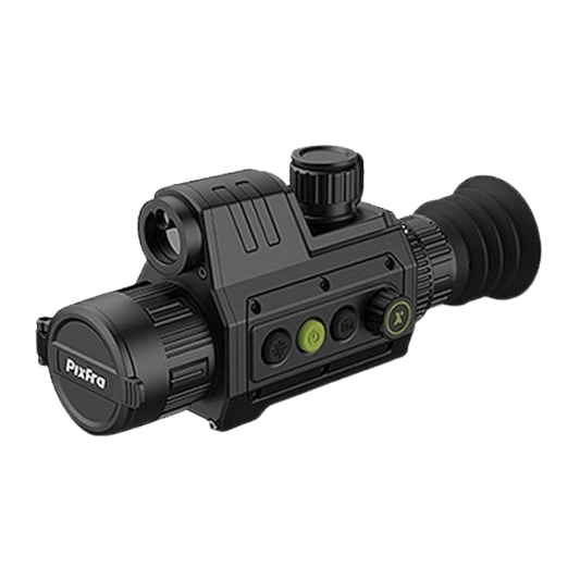 Pixfra Chiron C635 thermal scope front right view, showing the large objective lens, rugged housing, and focus ring.