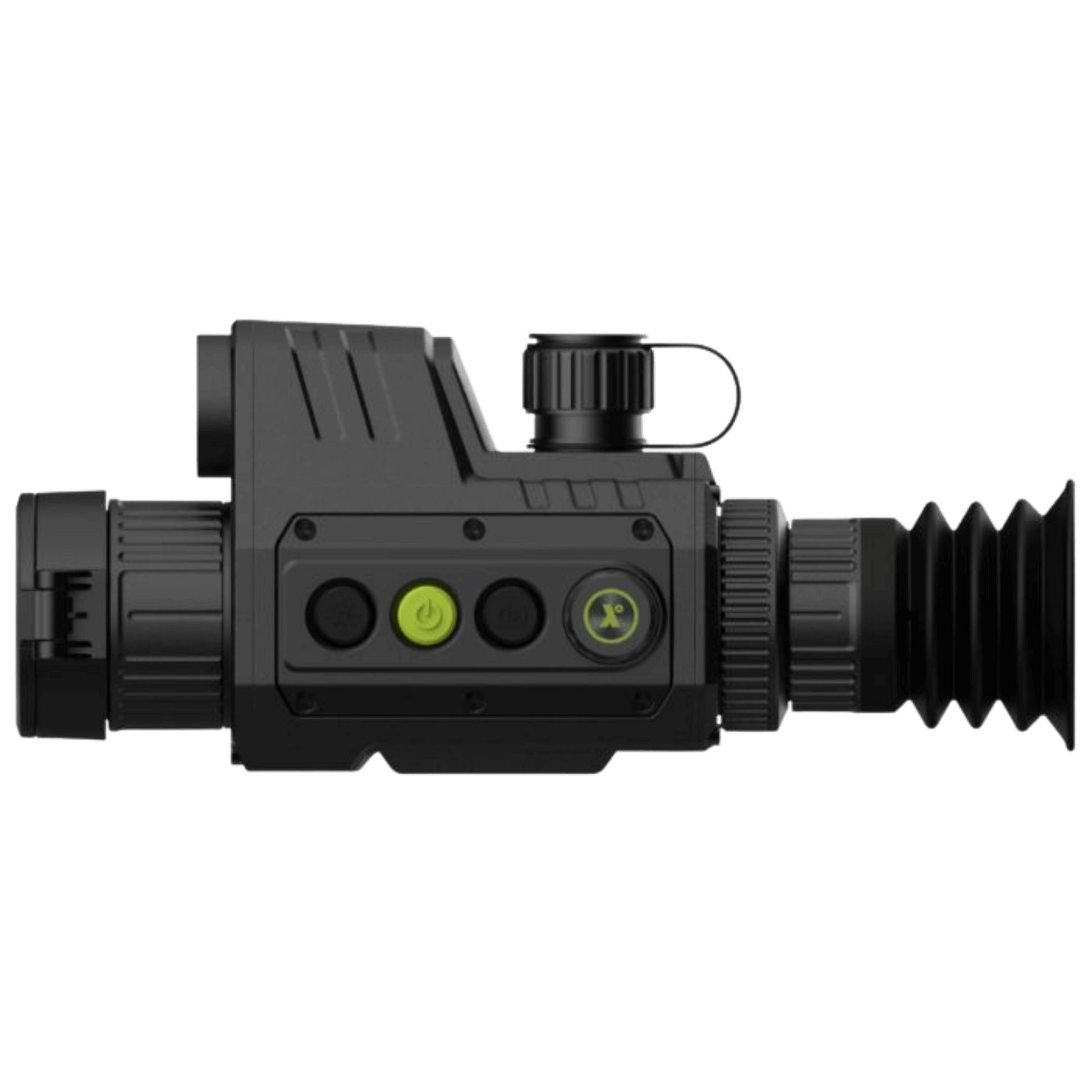 Pixfra Chiron C435 LRF thermal monocular LEFTside profile showing the integrated 1,000m Laser Range Finder module and rugged metal housing.