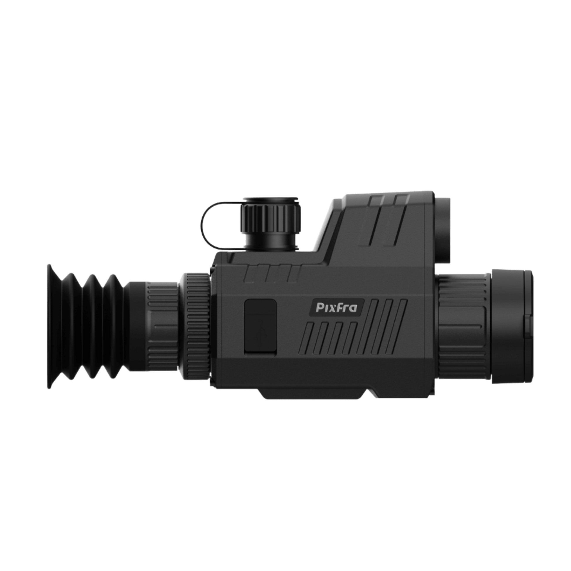 Pixfra Chiron C435 LRF right side view showing the sleek metal housing, the side-loading 18650 battery compartment, and the high-precision Laser Range Finder (LRF) module mounted for long-range target acquisition.