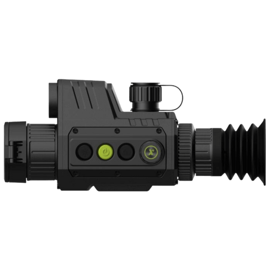 Left side view of the Pixfra Chiron C650 LRF thermal monocular showing the rugged metal construction and ergonomic 3-in-1 design
