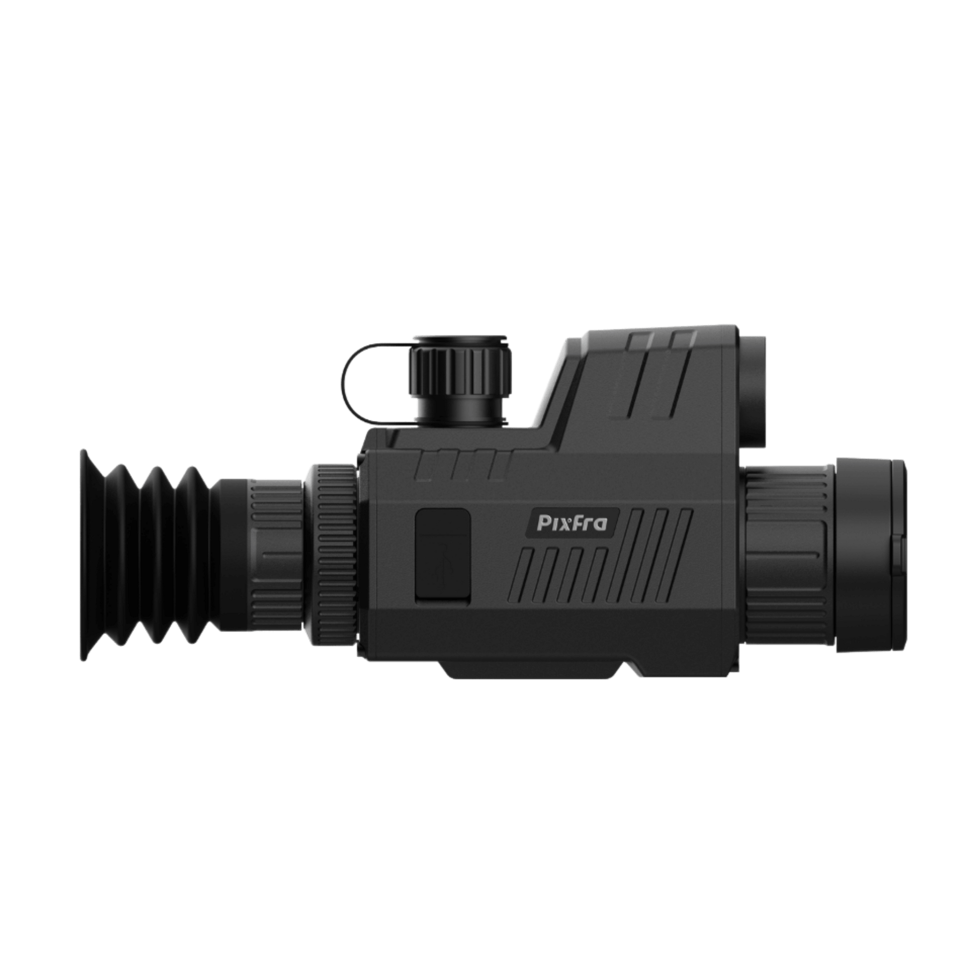 Right side profile of the Pixfra Chiron C650 LRF illustrating the compact, integrated laser rangefinder housing on the metal chassis