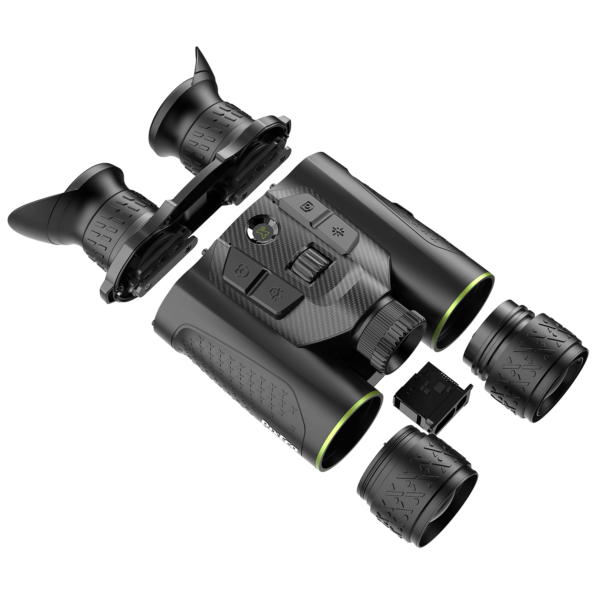 Top-down view of the Pixfra Draco D225 Multispectral Thermal Binoculars disassembled to show all components, including the main unit with button layout and Multi-Function Wheel, the rechargeable 18650 battery, battery charger, USB-C cable, and carrying strap