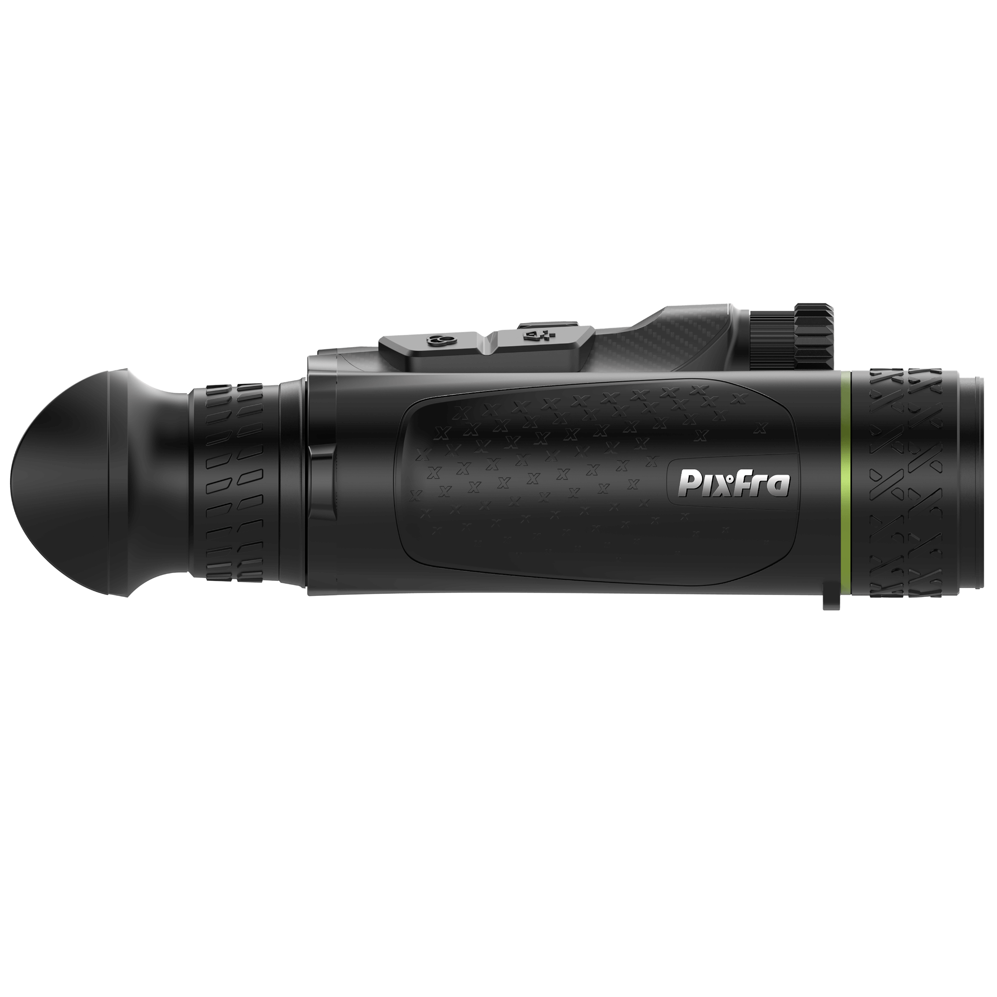 Side profile of Pixfra Draco D335-4K showing the compact magnesium alloy housing, Pixfra logo, and ergonomic grip texture.