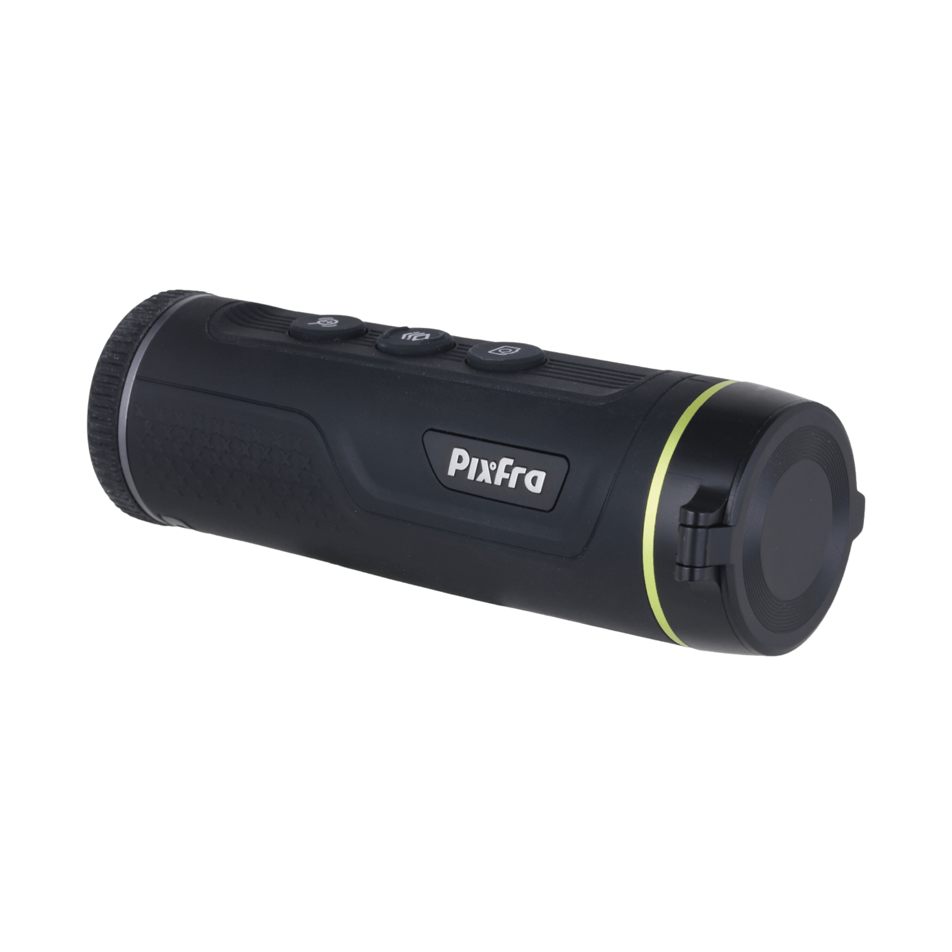 Pixfra Mile 2 M207 Thermal Monocular front-left view showing the wide-angle 7mm objective lens and compact handheld chassis.