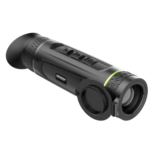 Front Left view of the Pixfra Sirius S635 Thermal Monocular showing the 35mm objective lens and rugged housing designed for outdoor thermal observation.