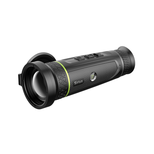 Pixfra Sirius S650 front right view showing the cylindrical body with green rings, lens cap, and the model name and brand logo on the right side.