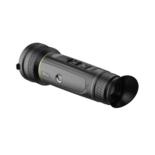 Rear left angle of the Pixfra Sirius S650 LRF thermal monocular, showing the eyepiece, side power button, and rugged cylindrical design.