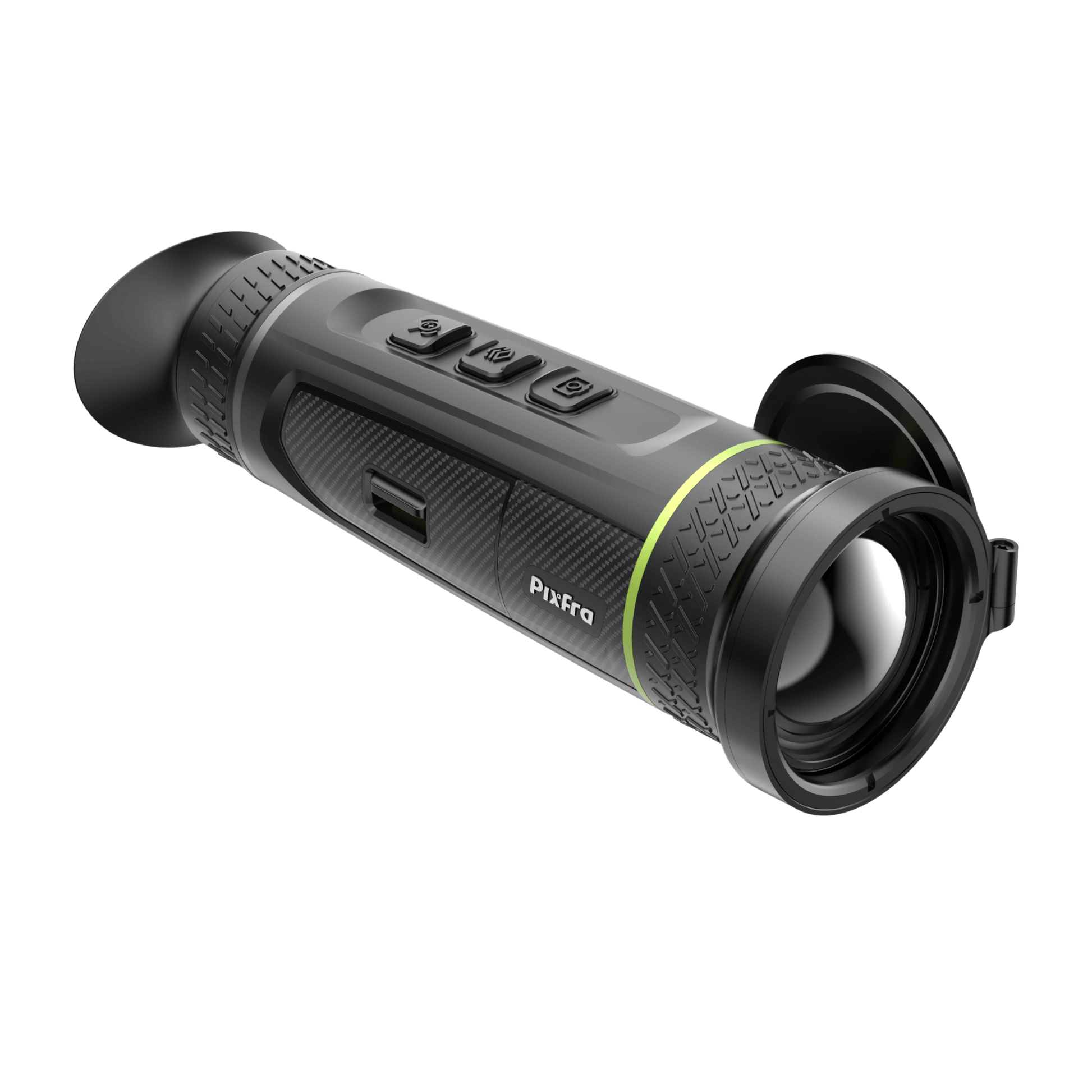 Pixfra Sirius SA50 HD Thermal Monocular front-left view showing the 50mm objective lens and the top-mounted ergonomic control buttons.