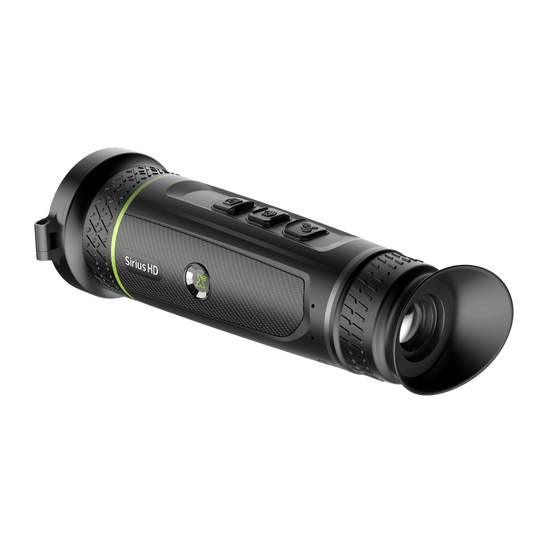 Pixfra Sirius SA50 HD Thermal Monocular rear-left view showing the FHD OLED display, rubberised eye cup, and Sirius HD branding on the main chassis.