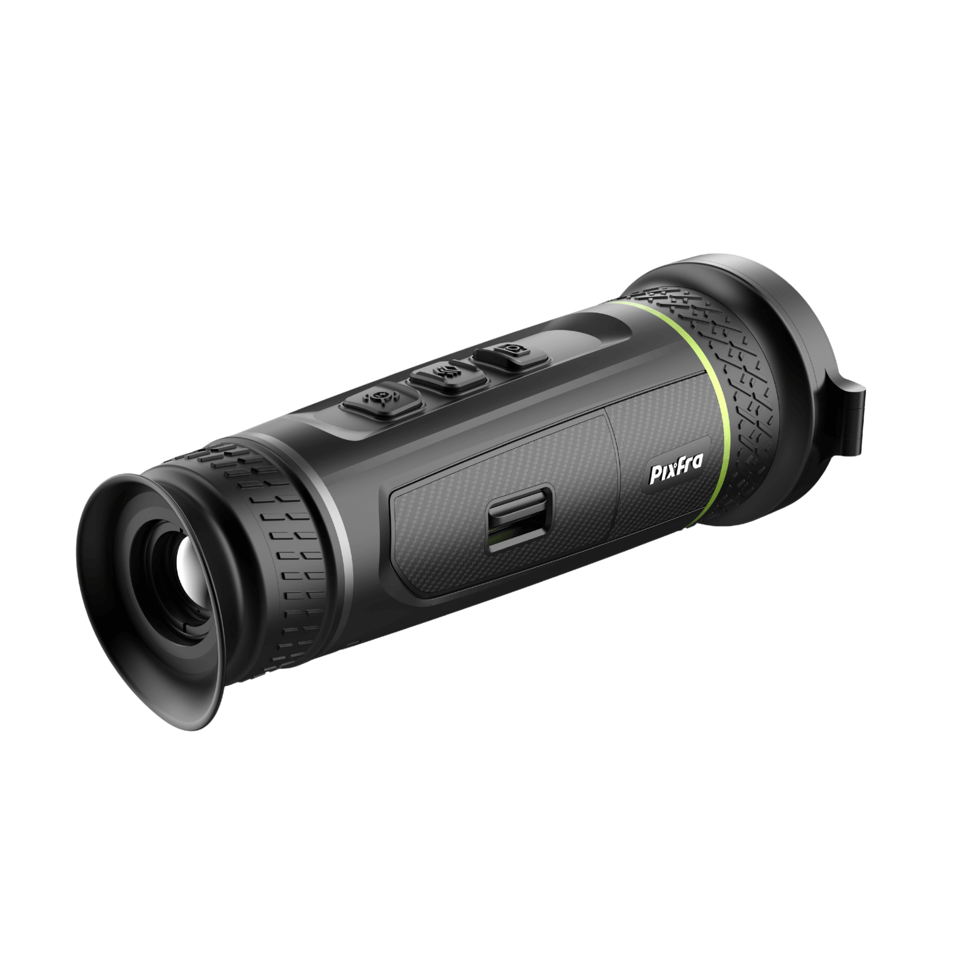 Pixfra Sirius SA50 HD Thermal Monocular side profile showing the integrated 18650 battery compartment with locking cover and the Pixfra logo.