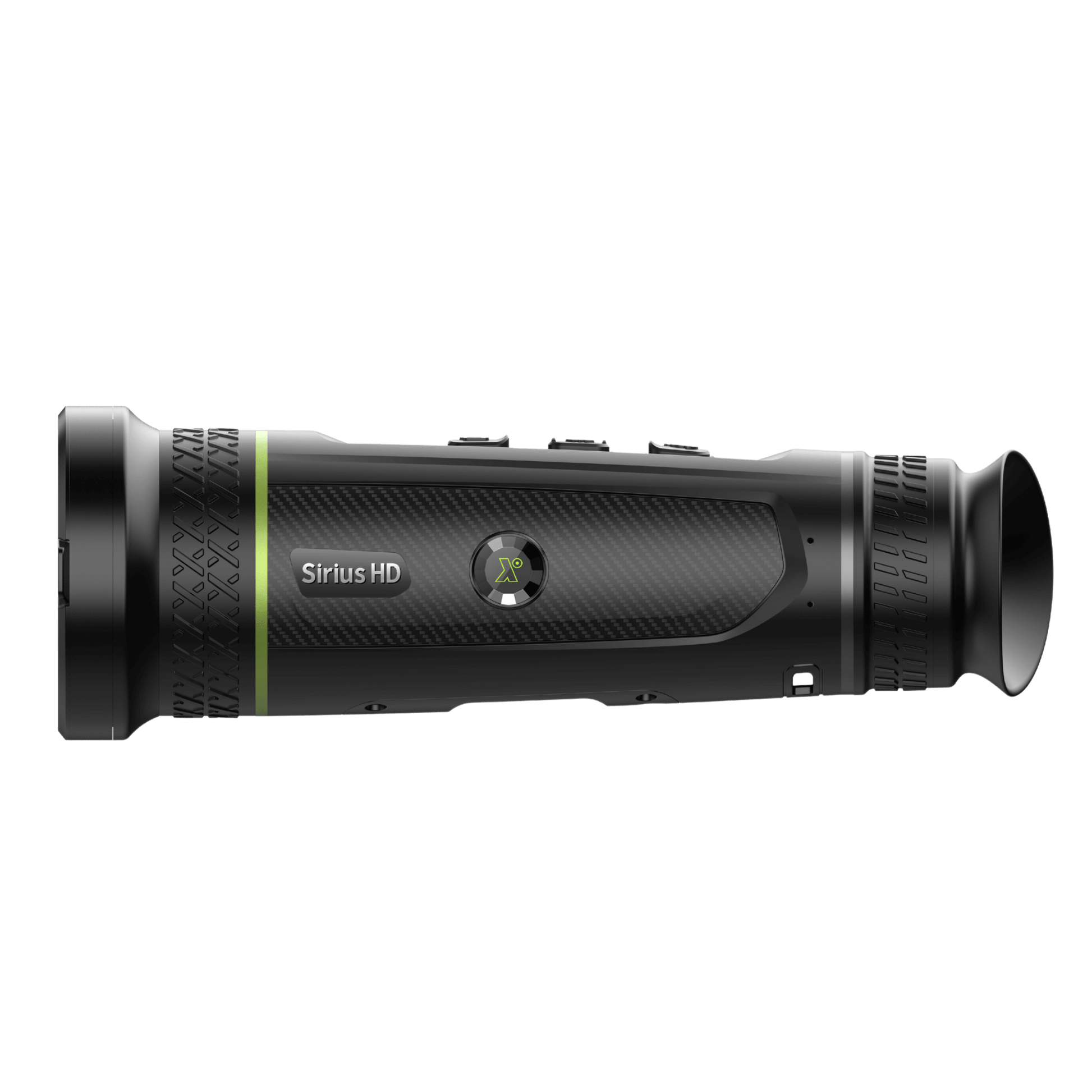 Pixfra Sirius SA50 HD Thermal Monocular side-left view showing the carbon fibre texture chassis and the primary Pixfra branding.