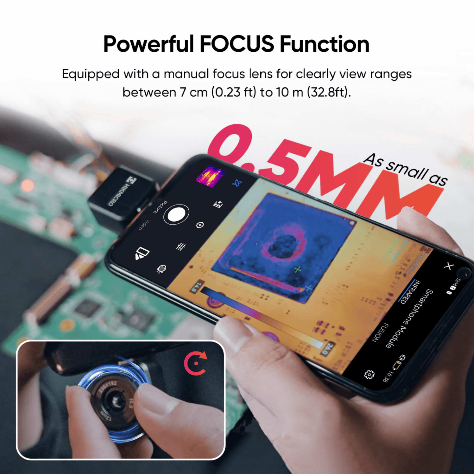 Powerful manually adjustable focus function on the HikMicro Mini2Plus Android Thermal Camera