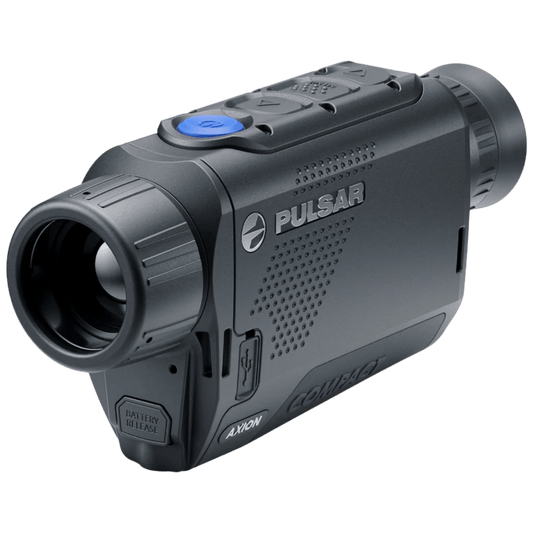 Three-quarter front right perspective of the Pulsar Axion Compact XG30 thermal monocular highlighting the 30mm objective lens and compact housing.