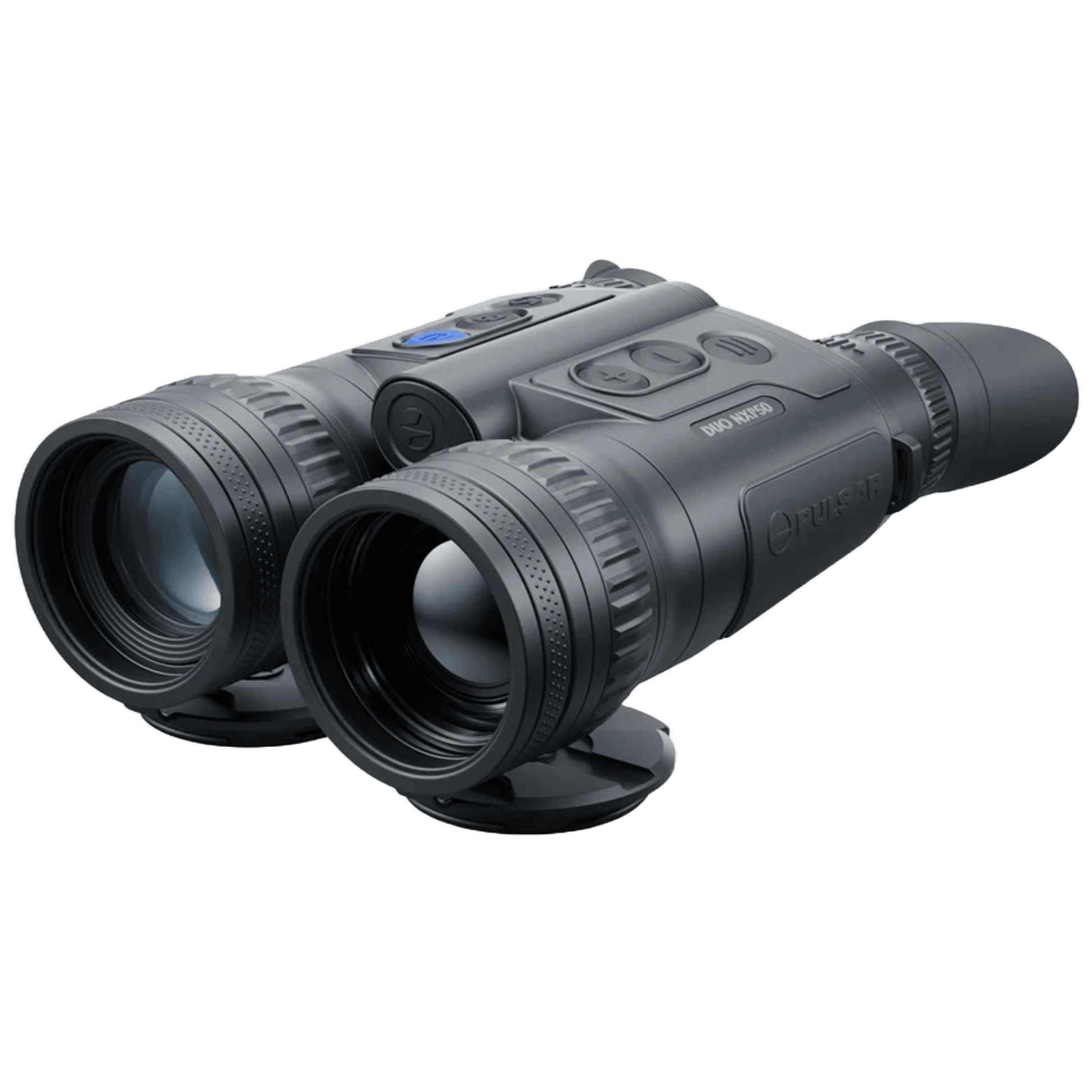  A pair of black Pulsar Merger DUO NXP50 thermal imaging binoculars with blue accents on the buttons and a lens cap attached to the base. turned left view of device