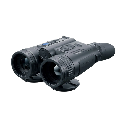 Pulsar Merger LRF XP35 - Compact Thermal Imaging Binoculars with Integrated Rangefinder - tradfitional binocular styled thermal binoculars , device s turned left displaying the 50mm thermal lense