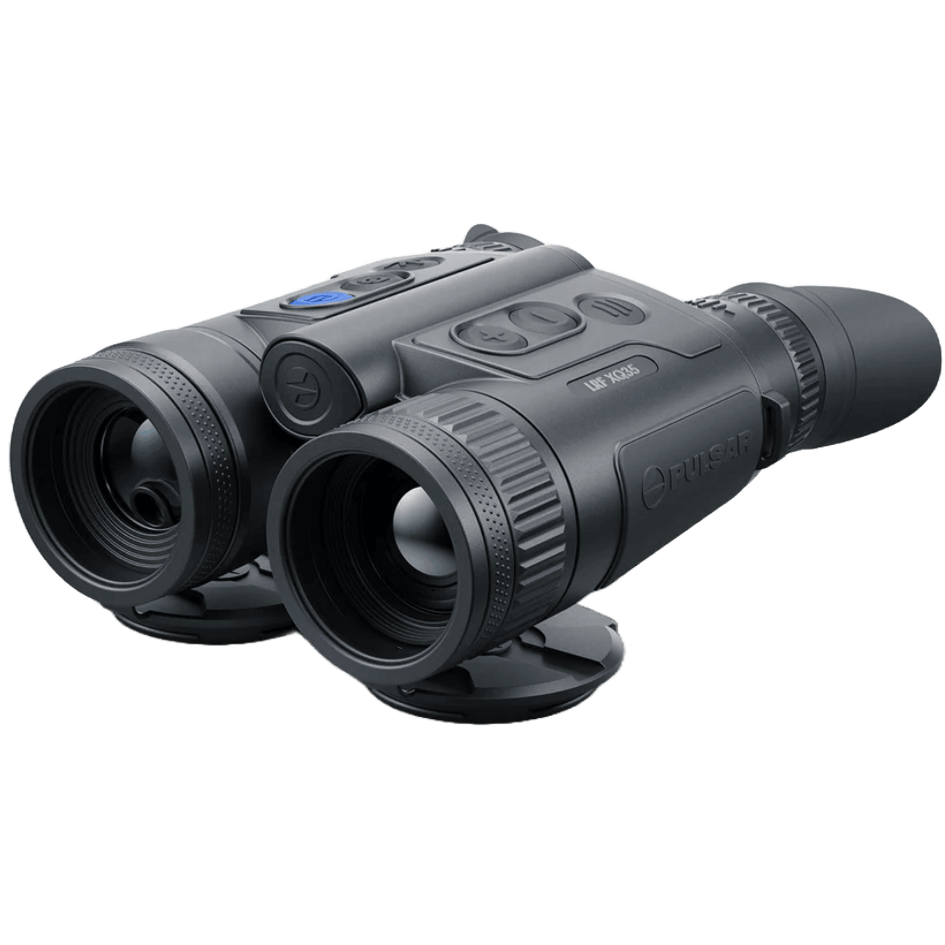  A pair of black Pulsar Merger LRF XQ35 thermal imaging binoculars with blue accents on the buttons and a lens cap attached to the base. turned slightly left