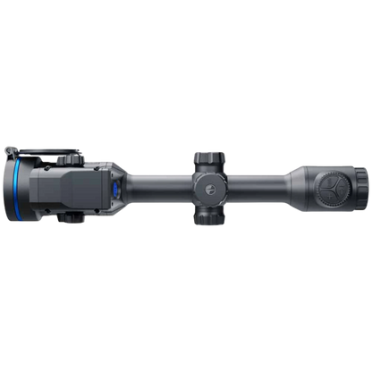 Pulsar Thermion 2 LRF XL60 HD thermal scope with integrated laser rangefinder module and traditional 30mm mounting tube. Top View of Thermion 2 scope