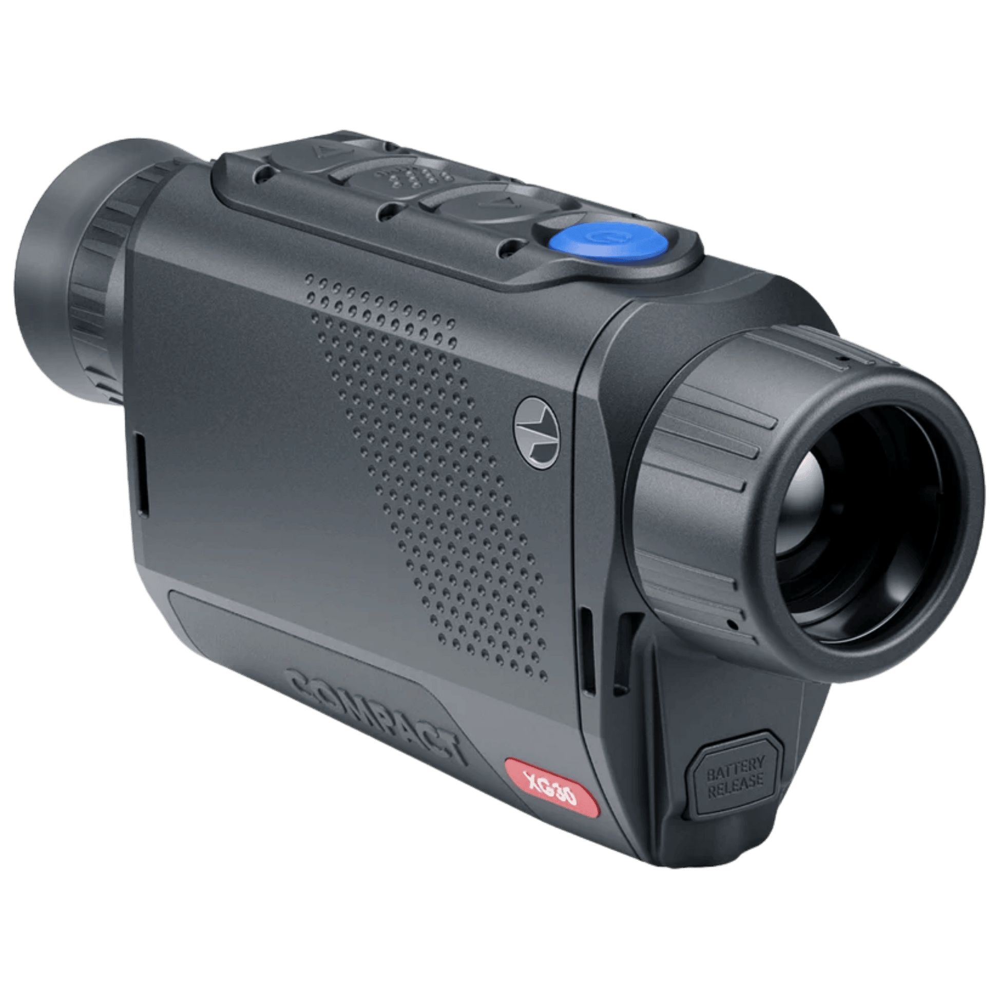 Front left angled view of the Pulsar Axion Compact XG30 thermal imaging monocular showing the front optic and ergonomic grip casing
