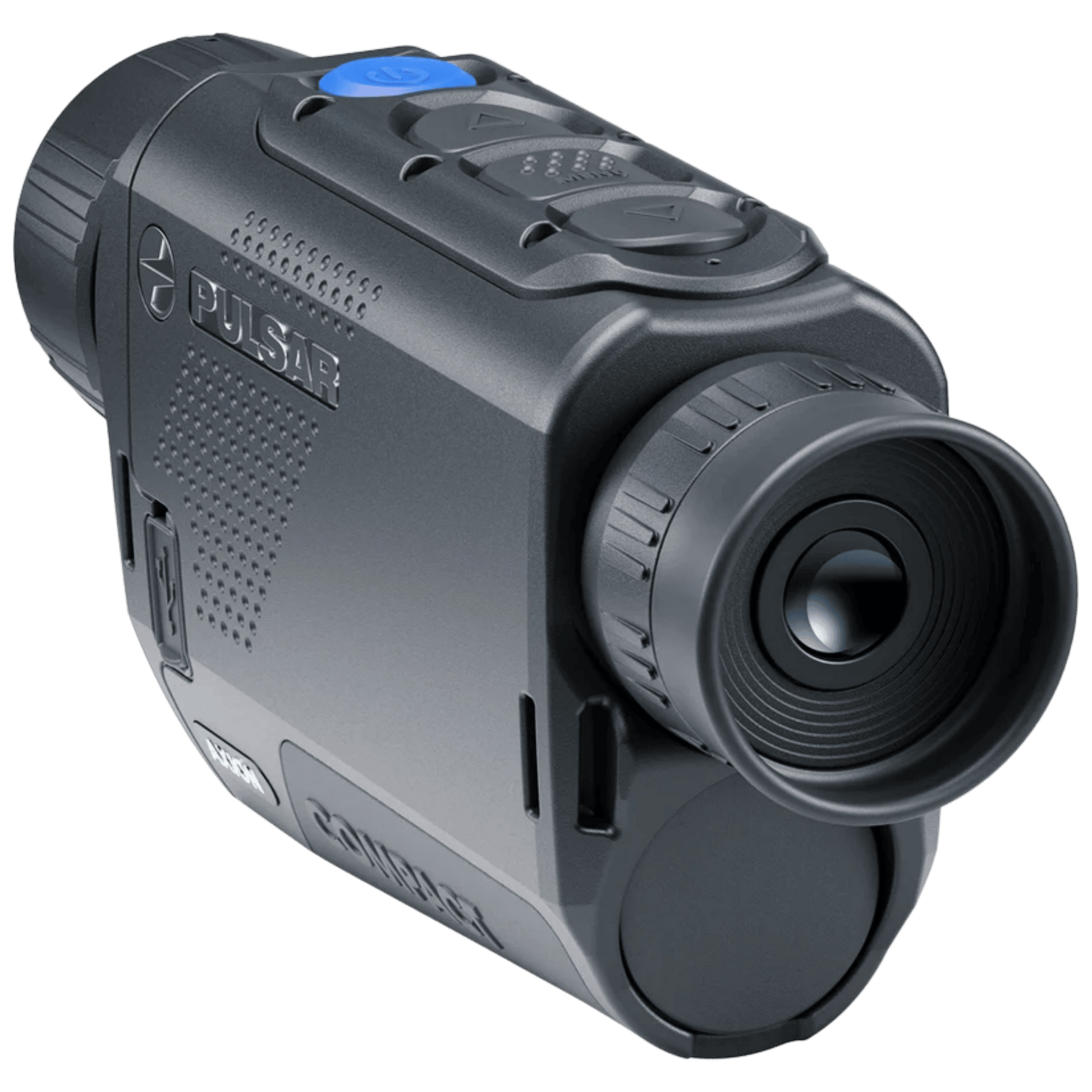 Rear left view of the Pulsar Axion Compact XG30 displaying the ocular eyepiece, diopter adjustment ring, and hand strap attachment point
