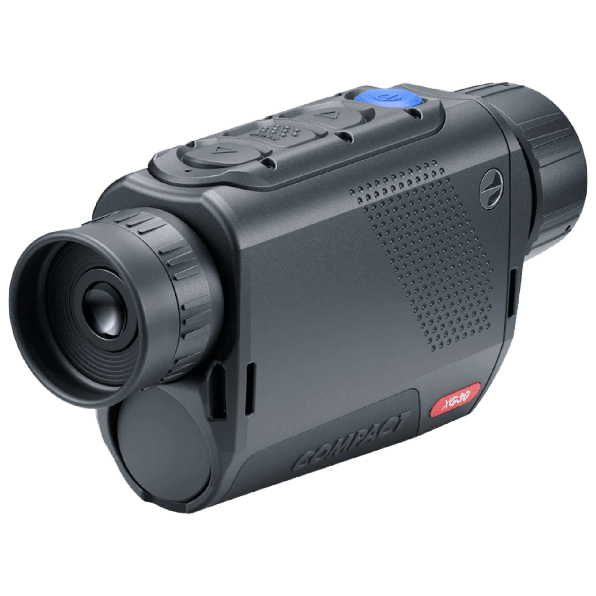 Rear right perspective of the Pulsar Axion Compact XG30 thermal monocular focusing on the eyepiece ocular lens and wrist strap mounting point