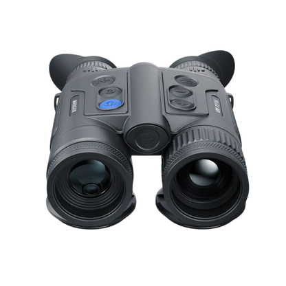Pulsar Merger LRF XP35 - Compact Thermal Imaging Binoculars with Integrated Rangefinder - tradfitional binocular styled thermal binoculars , device is  facing fully forward displaying the 50mm thermal lens and laser range finder