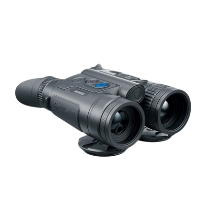 Pulsar Merger LRF XP35 - Compact Thermal Imaging Binoculars with Integrated Rangefinder - tradfitional binocular styled thermal binoculars , device s turned right displaying the 50mm thermal lens and LRF