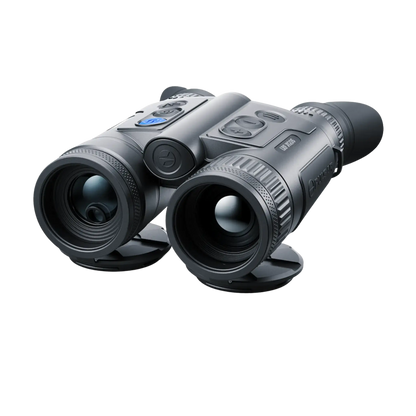 Pulsar Merger LRF XP35 - Compact Thermal Imaging Binoculars with Integrated Rangefinder - tradfitional binocular styled thermal binoculars , device is turned slightly left displaying the 50mm thermal lens and LRF