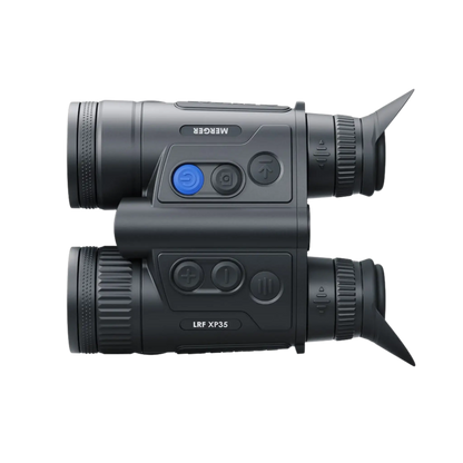 Pulsar Merger LRF XP35 - Compact Thermal Imaging Binoculars with Integrated Rangefinder - tradfitional binocular styled thermal binoculars , device is shown from the top down left displaying the button system
