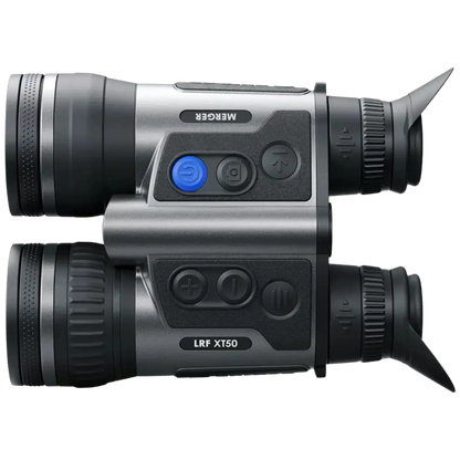 Pulsar Merger LRF XT50 HD Thermal Binoculars - HD thermal Binoculars built for tough conditions, featuring European made thermal technology - Top down view of thermal device showcasin the button layout and Merger logo