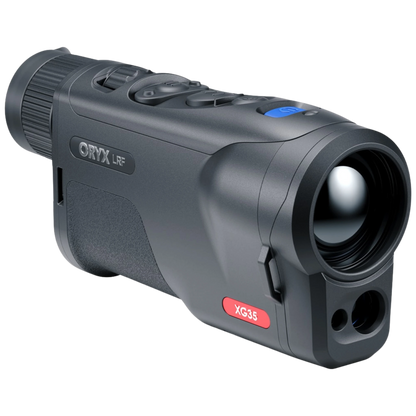 Pulsar Oryx LRF XG35 thermal monocular; compact black handheld device with large objective lens and integrated laser rangefinder. Front right view which displays the model and name of the device