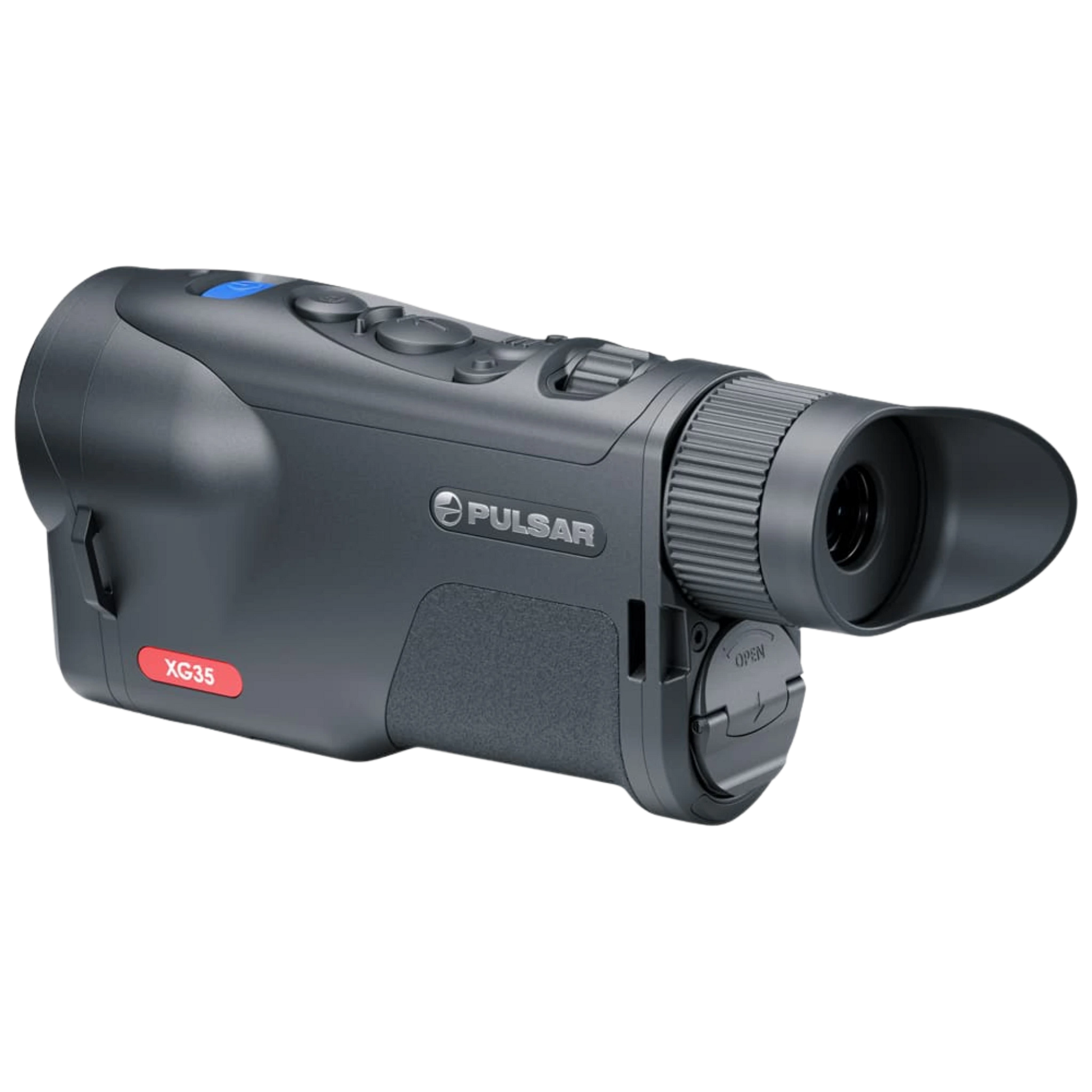 Pulsar Oryx LRF XG35 thermal monocular; compact black handheld device with large objective lens and integrated laser rangefinder. Displaying the rear of the device with ocular section and battery compartment