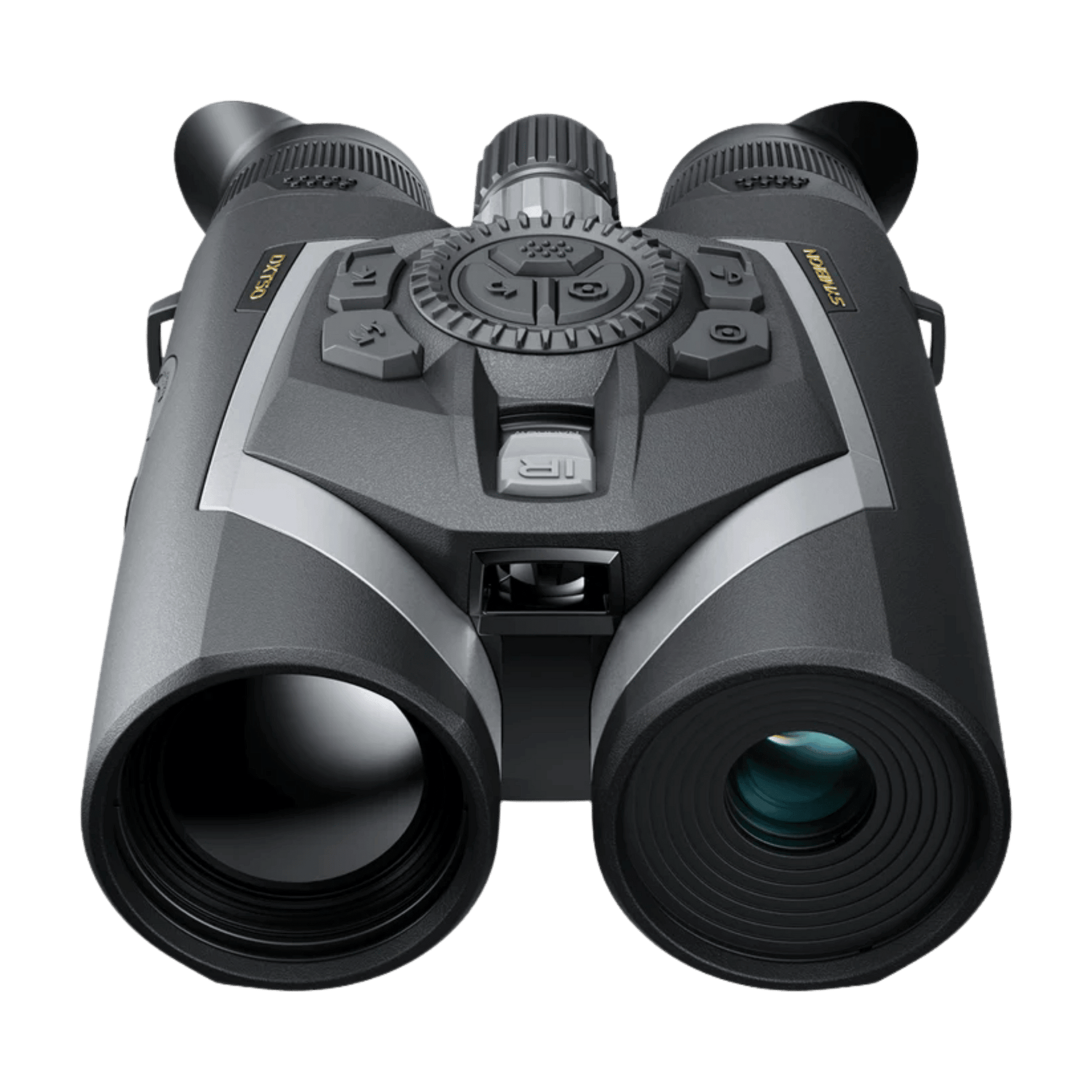 Front perspective of the Pulsar Symbion LRF DXT50 multispectral binocular displaying both objective lenses and the central laser rangefinder aperture