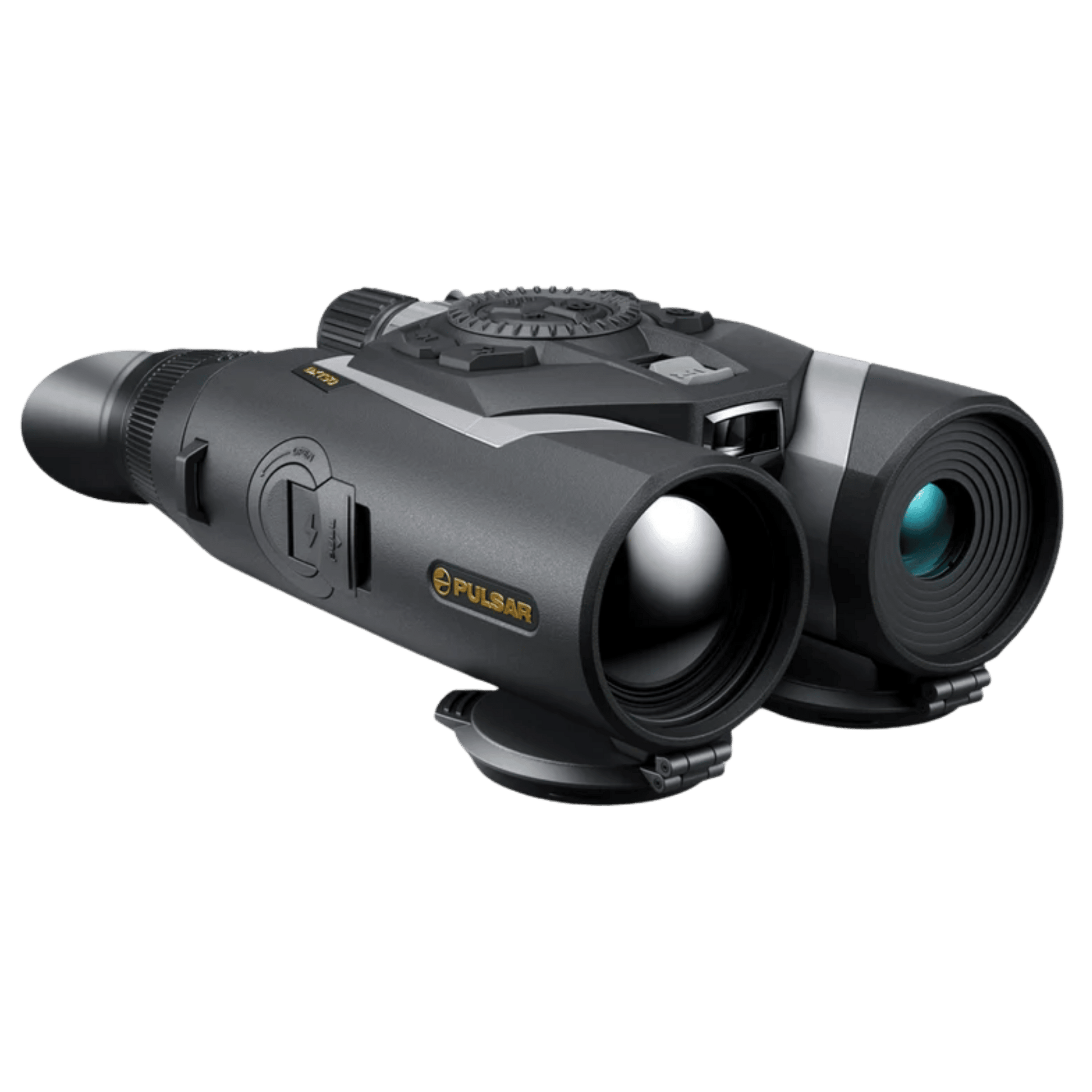 Front left angled view of the Pulsar Symbion LRF DXT50 multispectral thermal and digital binocular chassis