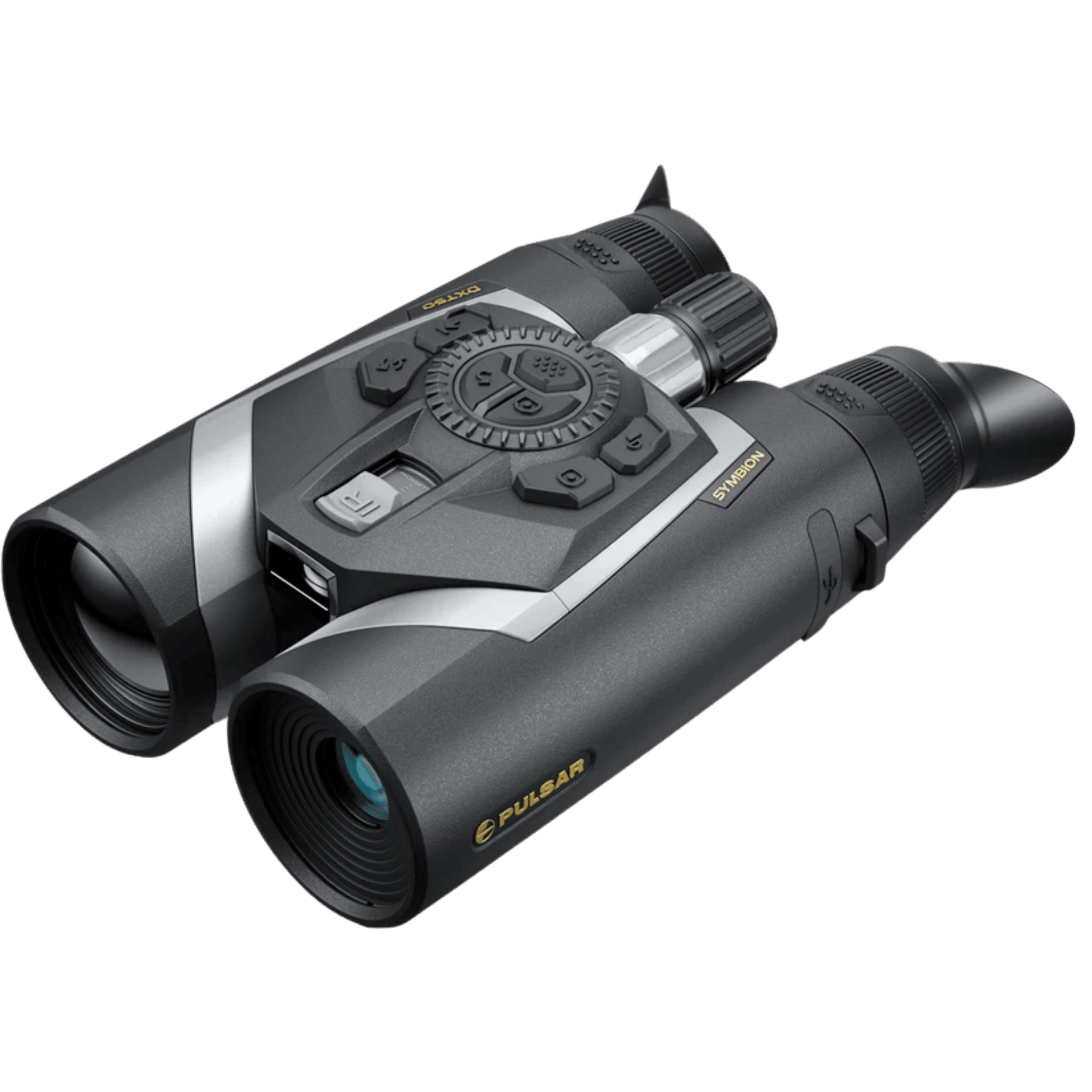 Front angled down perspective of the Pulsar Symbion LRF DXT50 multispectral binocular showing the dual objective lenses, upper housing contour, and integrated laser rangefinder aperture