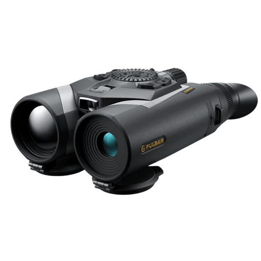 Pulsar Symbion LRF DXT50 front right perspective showing objective lenses, housing ergonomics, and built-in laser rangefinder