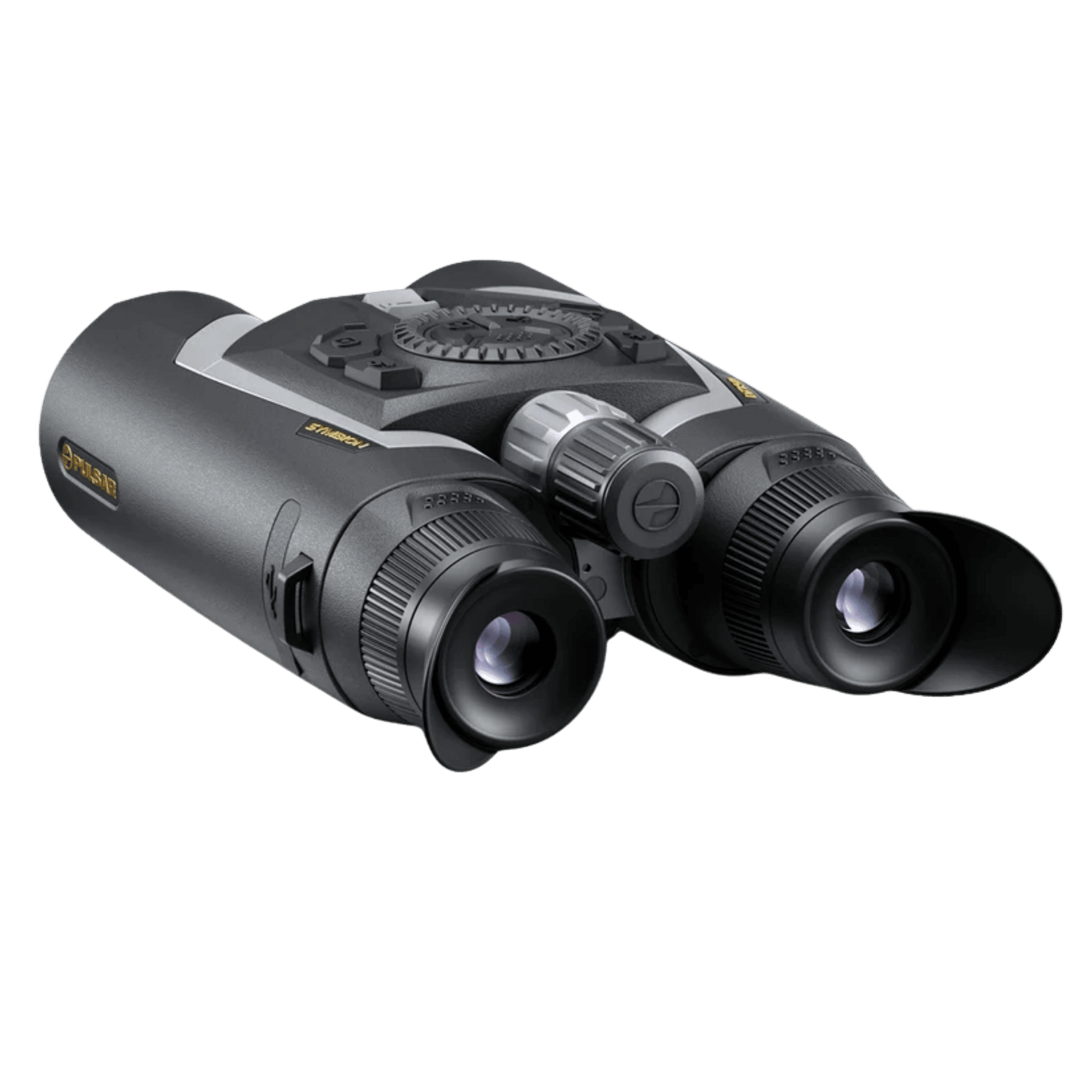 Rear left view of the Pulsar Symbion LRF DXT50 displaying the dual eyepiece eyepupil assembly, diopter adjustment ring, and strap mount