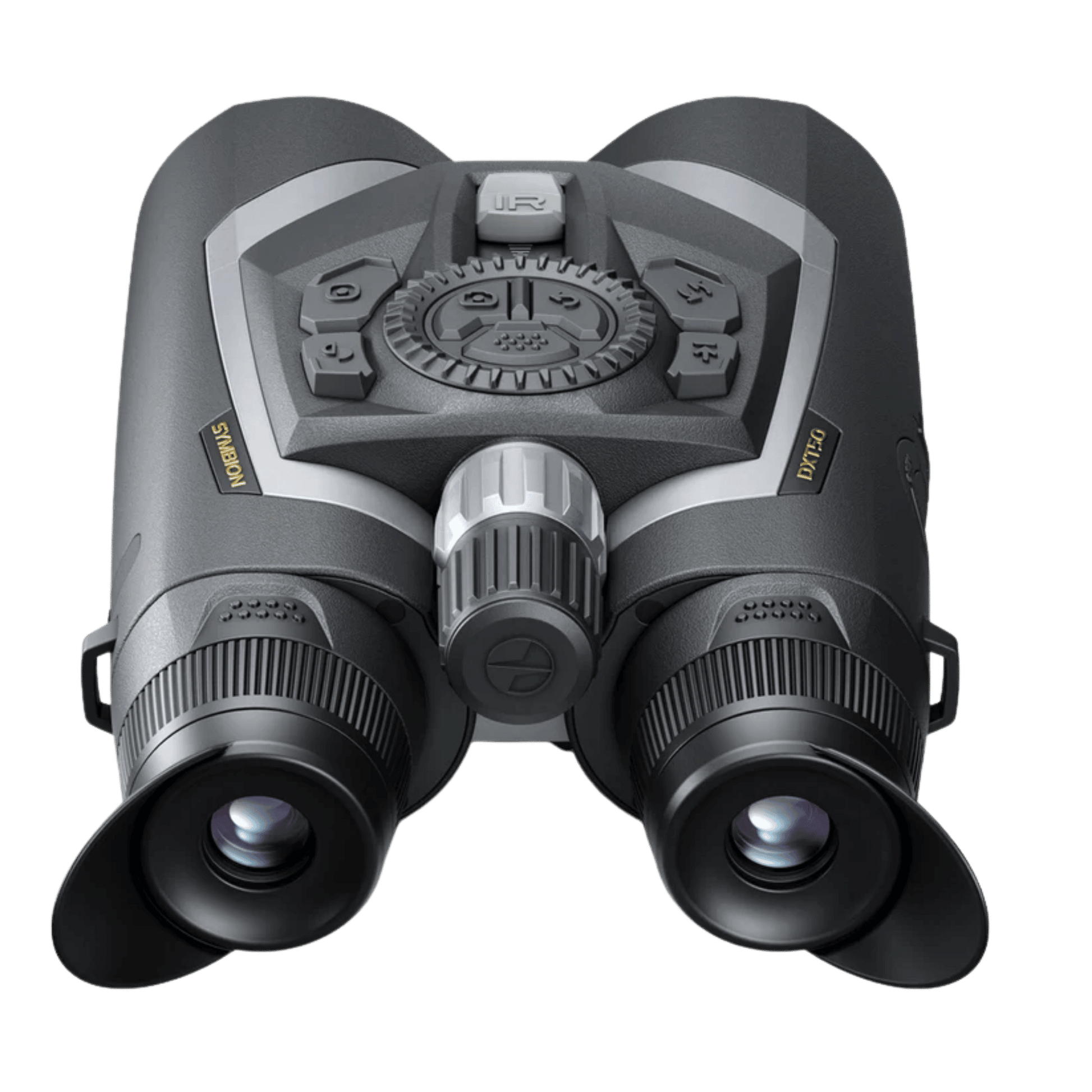 Rear direct view of the Pulsar Symbion LRF DXT50 multispectral binocular showing the dual eyepieces, diopter adjustment rings, and top-mounted control button layout.