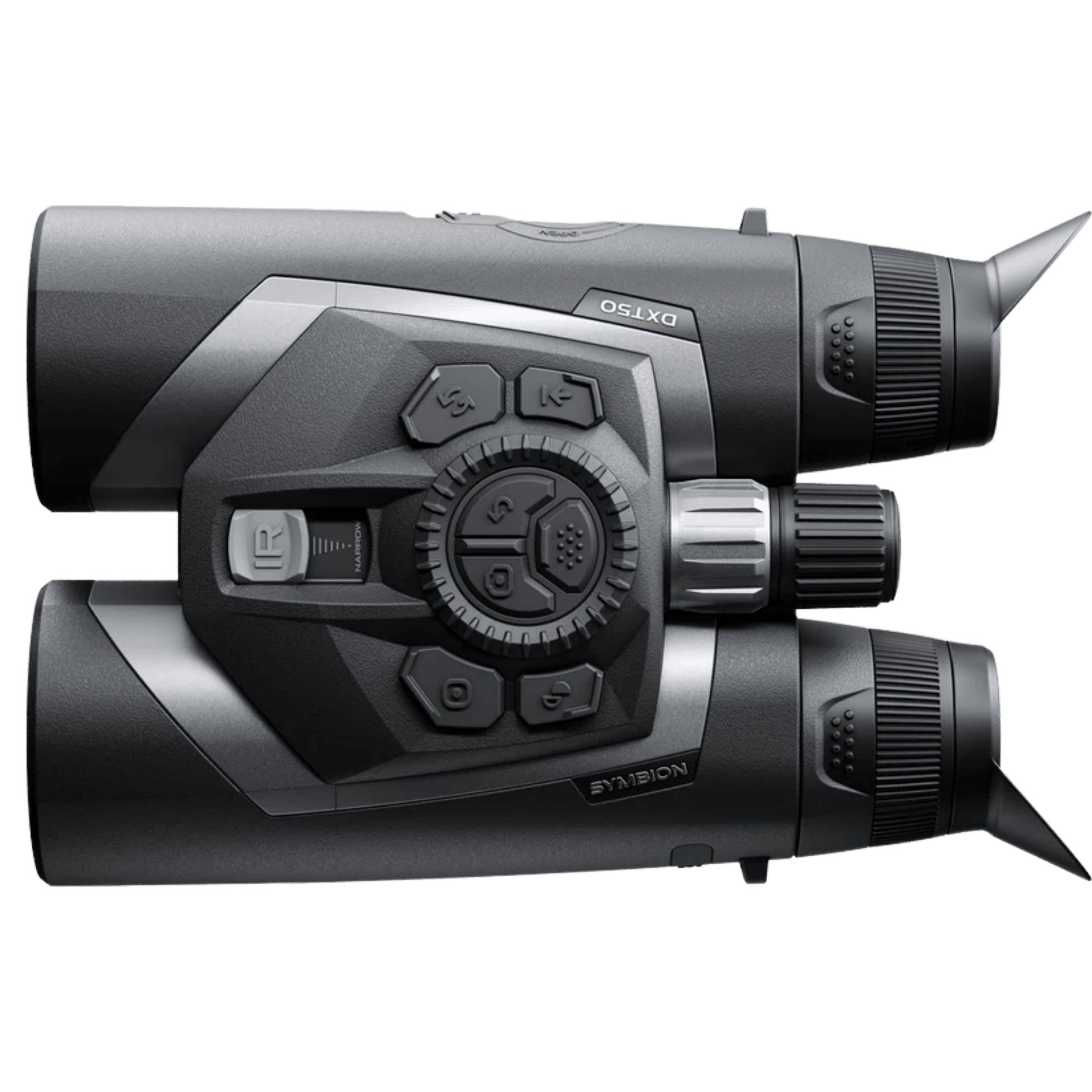 Top-down left perspective of the Pulsar Symbion LRF DXT50 multispectral binocular showcasing the complete top control button layout and optical focus wheel structure