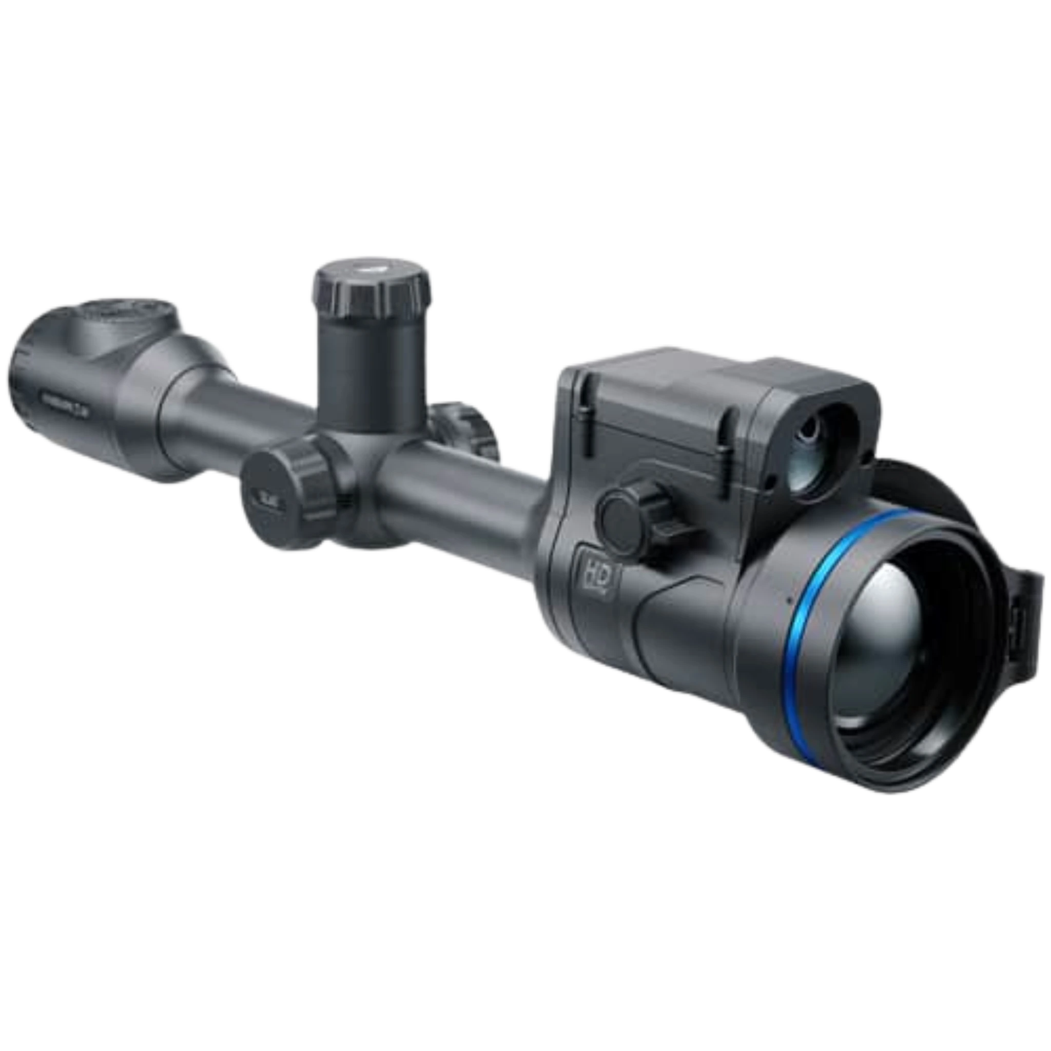 Pulsar Thermion 2 LRF XL60 HD thermal scope with integrated laser rangefinder module and traditional 30mm mounting tube. Front Left View